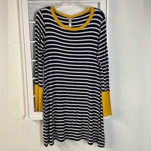 Navy and white stripe dress with mustard trim